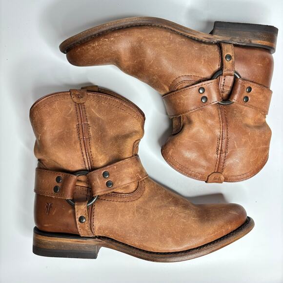 Frye Wyatt Harness Short Leather Boots in Cognac - Picture 5 of 8